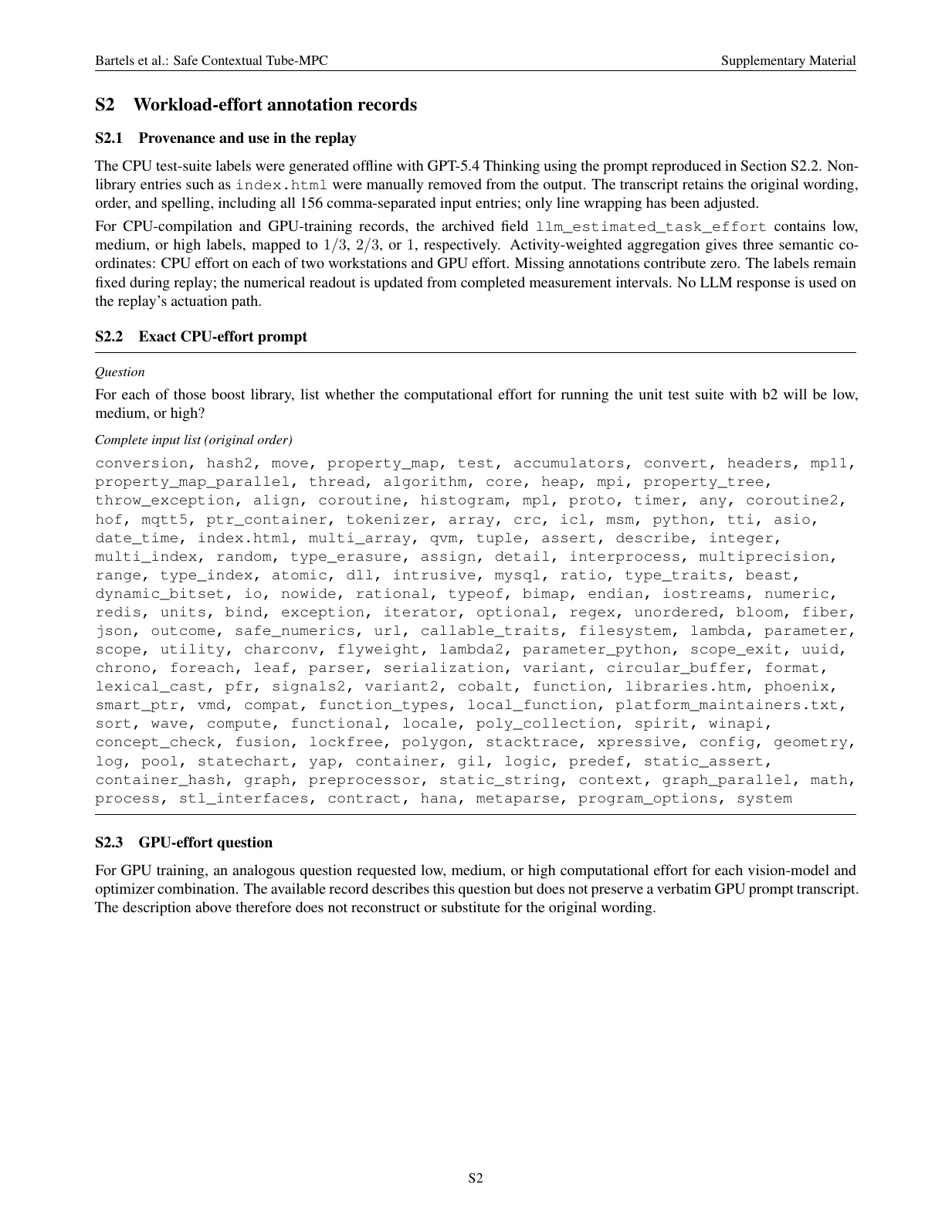 Page 2: workload-effort annotation provenance, the exact CPU prompt with 156 inputs, GPU prompt scope, and feature processing.