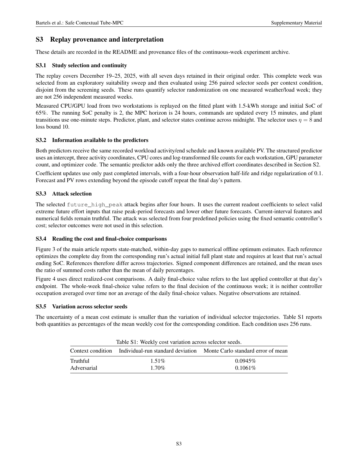 Page 3: replay provenance, study and attack selection, predictor inputs, figure interpretation, and variation across seeds.