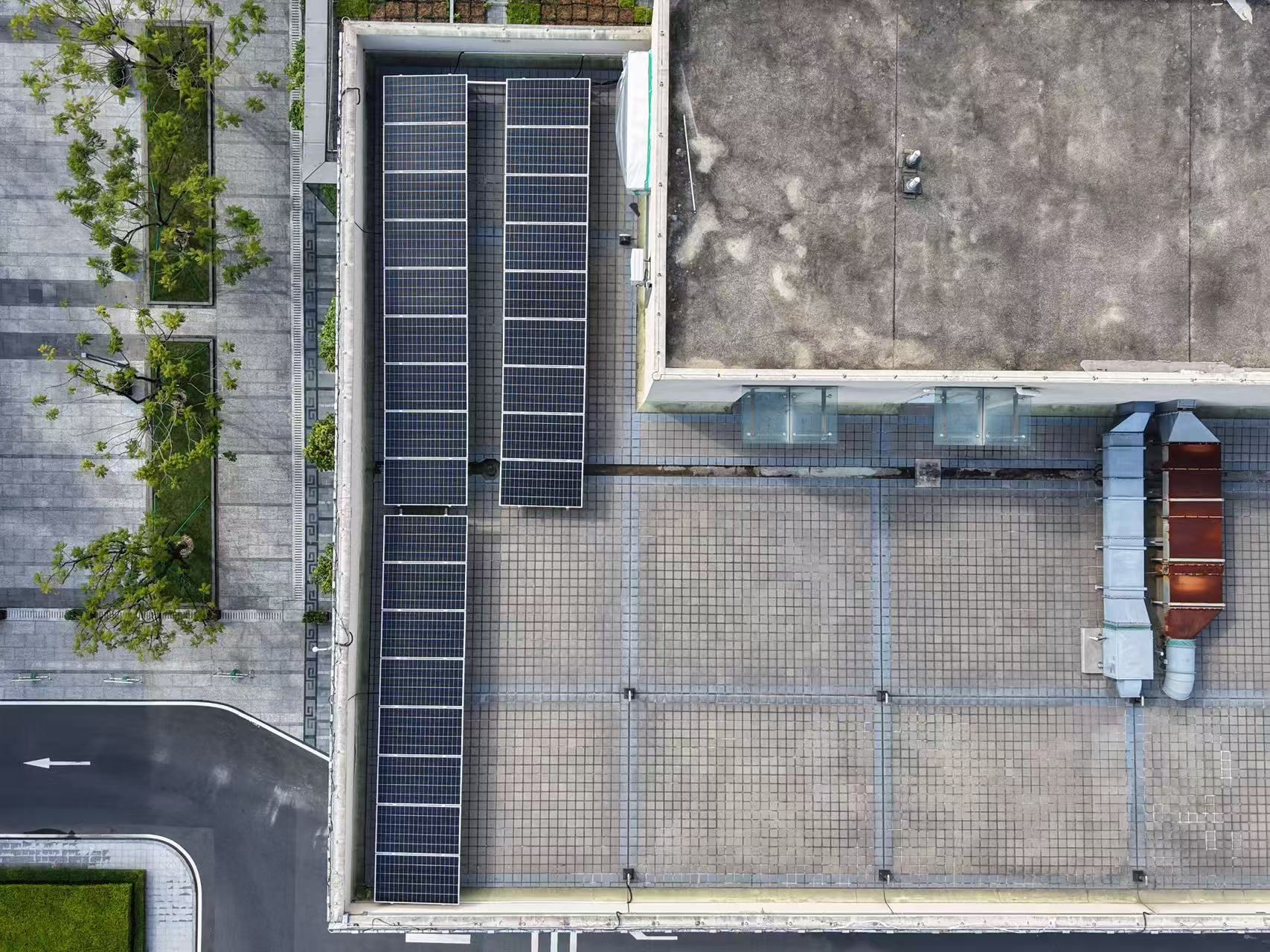 Aerial view of rooftop PV installation
